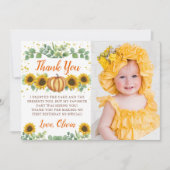 Greenery Sunflower Pumpkin First Birthday Foto Bedankkaart (Voorkant)