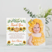 Greenery Sunflower Pumpkin First Birthday Foto Bedankkaart (Staand voorkant)