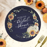 Greenery Sunflower Pumpkin Herfst Bridal Blue Wood Papieren Bordje<br><div class="desc">Mooi groen zonnebloemen krans herfst-thema vrijgezellenfeest papier bord. Gemakkelijk te personaliseren met uw gegevens. Neem contact met me op via chat als je vragen hebt over het kunstwerk of aanpassing nodig hebt. LET OP: Voor hulp bij bestellingen,  verzending,  productinformatie,  enz.,  Neem rechtstreeks contact op met Zazzle Customer Care.</div>