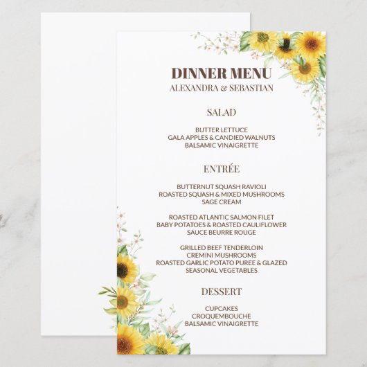 Greenery Sunflower Wedding Dinner Menu (Voorkant / Achterkant)