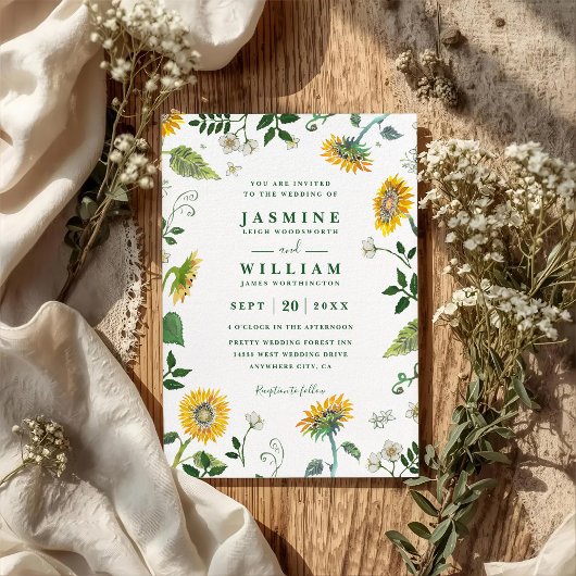 Greenery Sunflowers Rustic Elegant QR Code Wedding Kaart