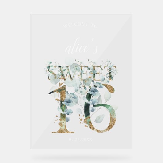 Greenery Sweet 16 Welkom Acryl teken Acryl Bord (Voorkant)