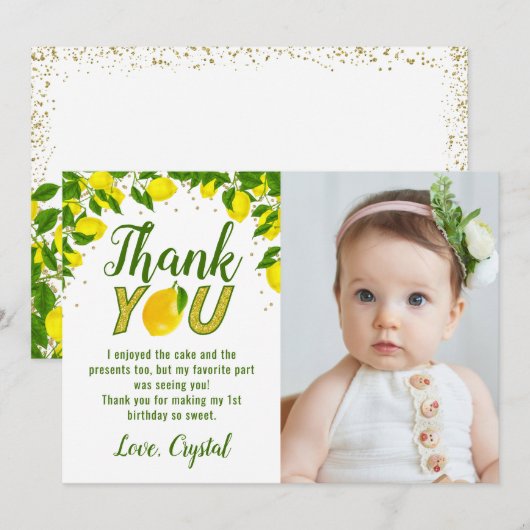 Greenery Sweet Lemon Gold Glitter Birthday Foto Bedankkaart (Voorkant / Achterkant)