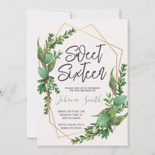 Greenery Sweet Sixteen 16e verjaardag Uitnodiging (Voorkant)