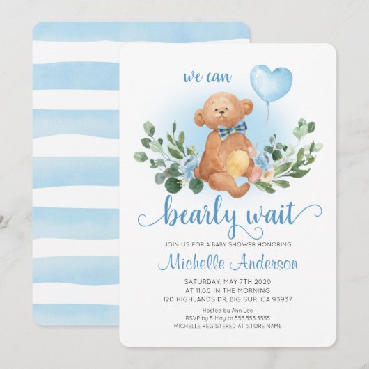 Greenery Teddy Bear Barly Wait Baby shower Kaart (Voorkant / Achterkant)