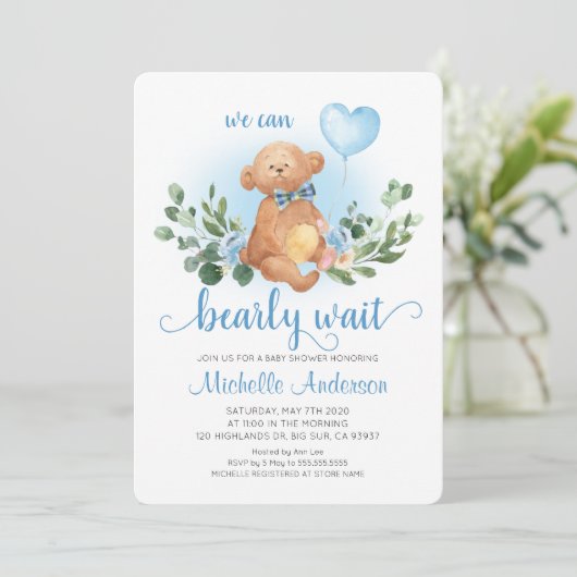 Greenery Teddy Bear Barly Wait Baby shower Kaart (Staand voorkant)