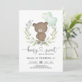 Greenery Teddy Bear met Balloons Boy 1st Birthday Kaart (Staand voorkant)