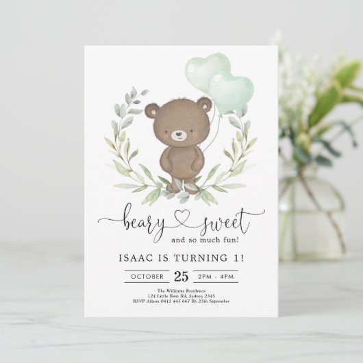 Greenery Teddy Bear met Balloons Boy 1st Birthday Kaart (Staand voorkant)