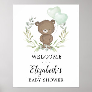 Greenery Teddy Bear Neutral Baby shower Welkom Poster