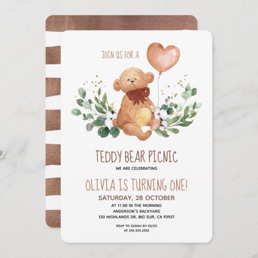 Greenery Teddy Bear Picnic Baby Birthday Kaart (Voorkant / Achterkant)