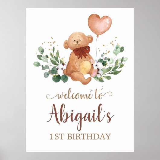 Greenery Teddy Bear Welcome Baby Birthday Poster (Voorkant)