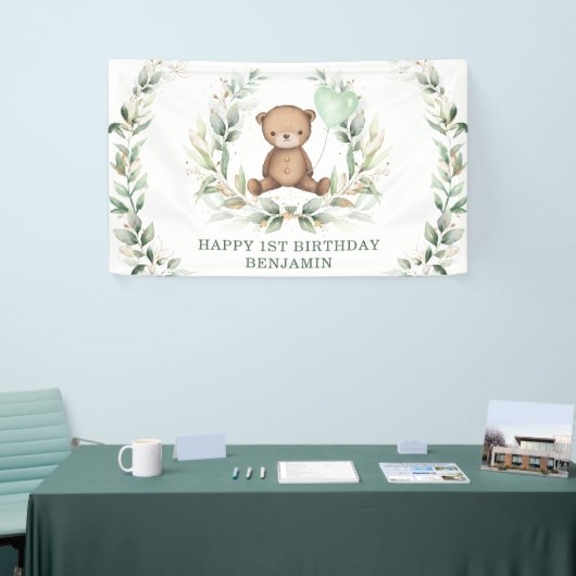 Greenery Teddy Bear Yellow Balloon Happy Birthday Spandoek (Beurs)