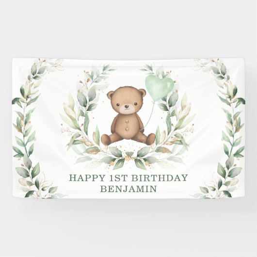 Greenery Teddy Bear Yellow Balloon Happy Birthday Spandoek (Horizontaal)