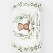 Greenery Teddy Bear Yellow Balloon Happy Birthday Spandoek (Verticaal)