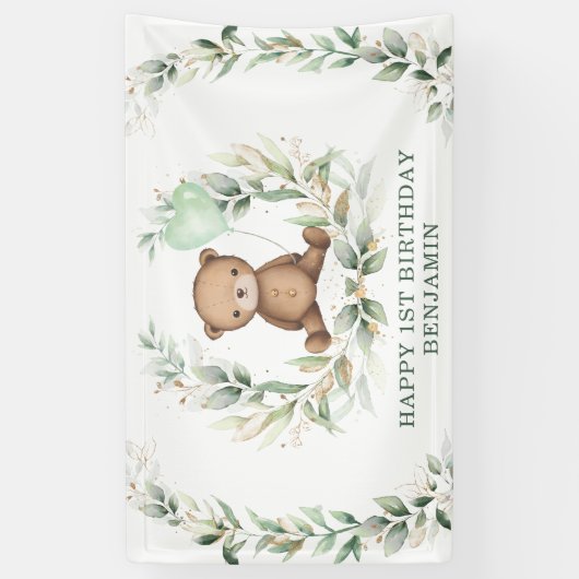 Greenery Teddy Bear Yellow Balloon Happy Birthday Spandoek (Verticaal)