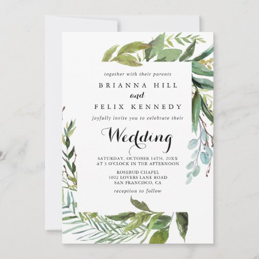 Greenery Tropical Calligraphy Front & Back Wedding Kaart (Voorkant)