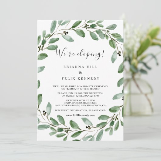 Greenery Tropical Eucalyptus Elopement Reception Kaart (Staand voorkant)