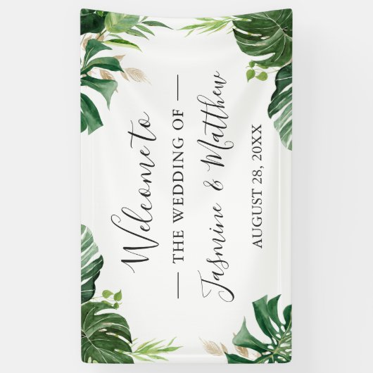 Greenery Tropical Leaves Wedding Party Spandoek (Verticaal)