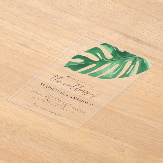 Greenery Tropical Monstera Leaves Summer Wedding Acryl Uitnodigingen (Laagn)