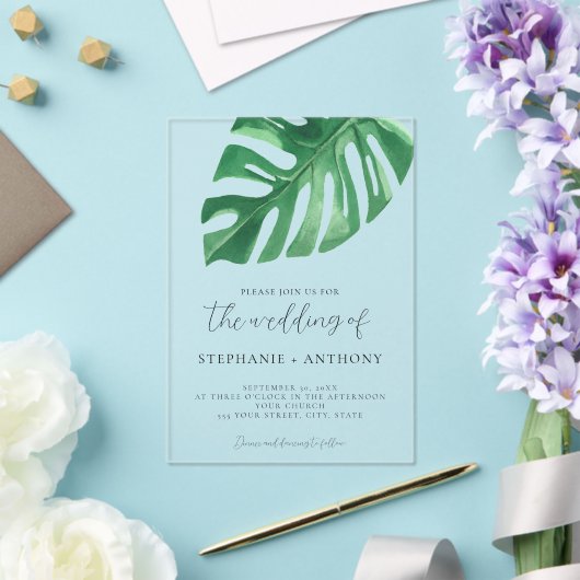 Greenery Tropical Monstera Leaves Summer Wedding Acryl Uitnodigingen (Insitu (Huwelijk))