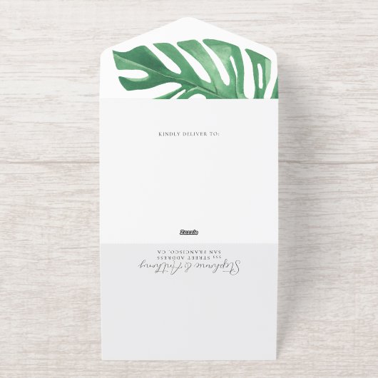 Greenery Tropical Monstera Leaves Summer Wedding All In One Uitnodiging (Buiten)