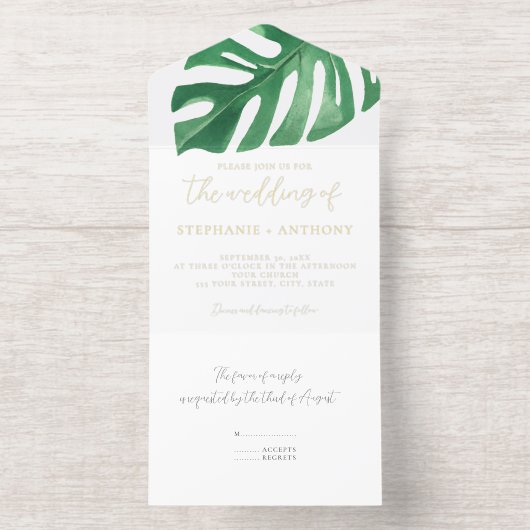 Greenery Tropical Monstera Leaves Summer Wedding All In One Uitnodiging (Binnenkant)