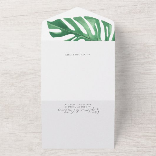 Greenery Tropical Monstera Leaves Summer Wedding All In One Uitnodiging (Buitenkant)