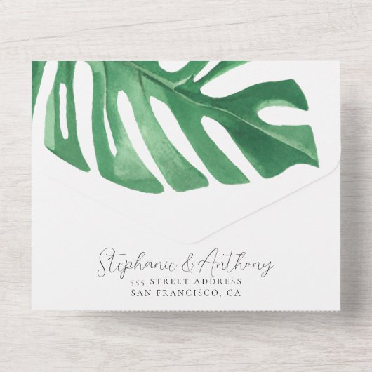 Greenery Tropical Monstera Leaves Summer Wedding All In One Uitnodiging (Achterkant)