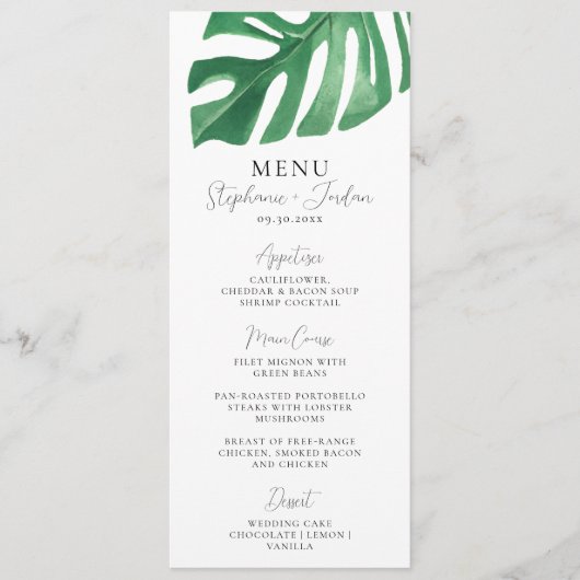 Greenery Tropical Monstera Leaves Summer Wedding Menu (Voorkant)