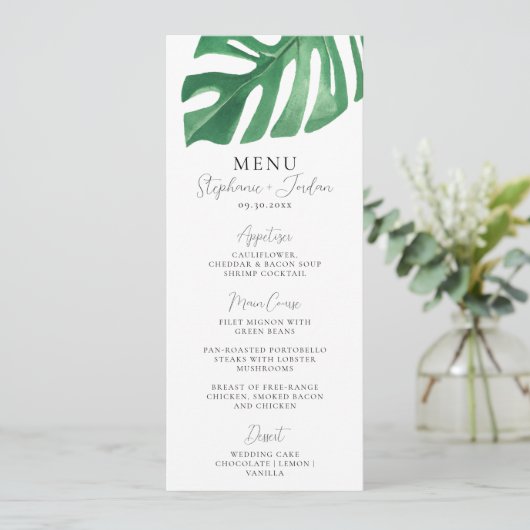 Greenery Tropical Monstera Leaves Summer Wedding Menu (Staand voorkant)