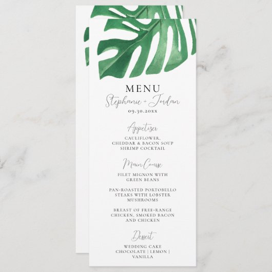 Greenery Tropical Monstera Leaves Summer Wedding Menu (Voorkant / Achterkant)