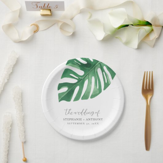 Greenery Tropical Monstera Leaves Summer Wedding Papieren Bordje (Huwelijk)
