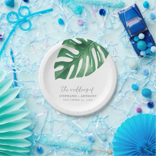 Greenery Tropical Monstera Leaves Summer Wedding Papieren Bordje (Feest)