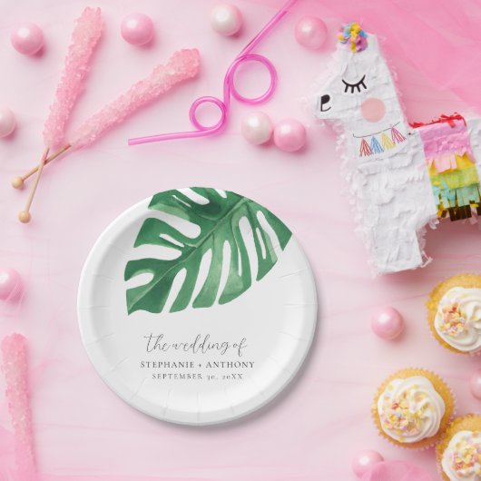 Greenery Tropical Monstera Leaves Summer Wedding Papieren Bordje (Feest)
