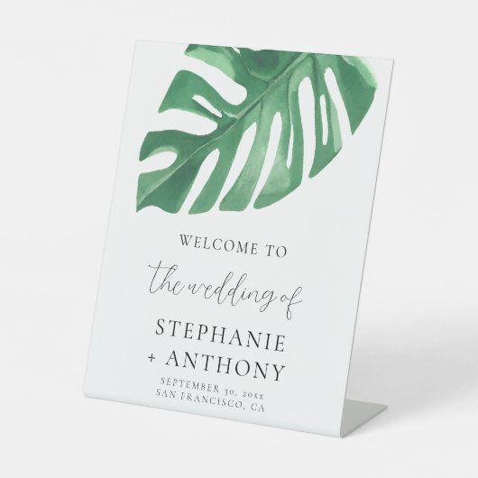 Greenery Tropical Monstera Leaves Summer Wedding Reclamebord Met Voetstuk (Voorkant)