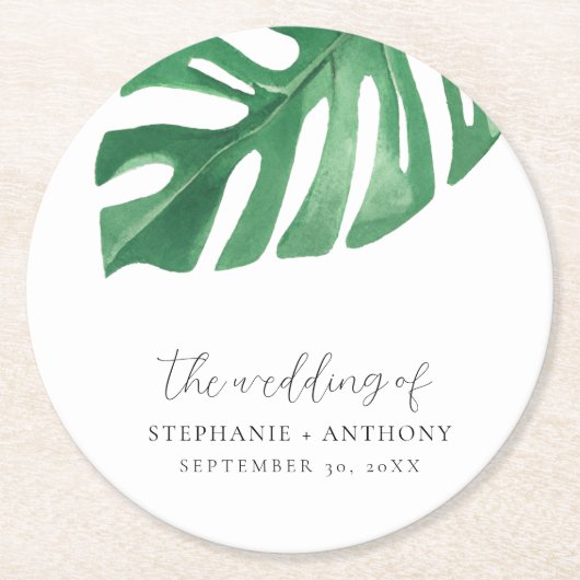 Greenery Tropical Monstera Leaves Summer Wedding Ronde Kartonnen Onderzetter (Voorkant)
