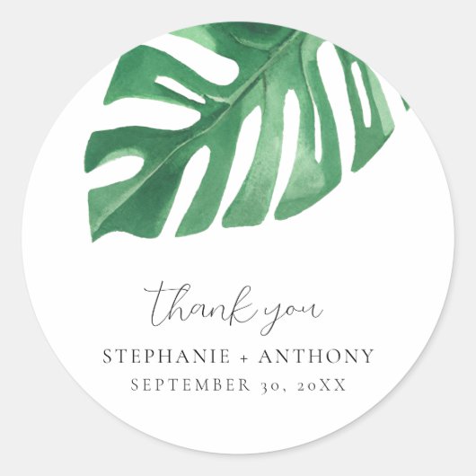 Greenery Tropical Monstera Leaves Summer Wedding Ronde Sticker (Voorkant)
