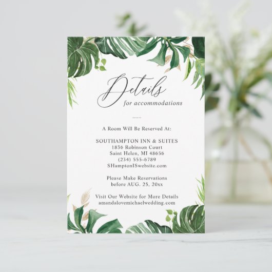 Greenery Tropical Palm Leaves Wedding Details Informatiekaartje (Staand voorkant)