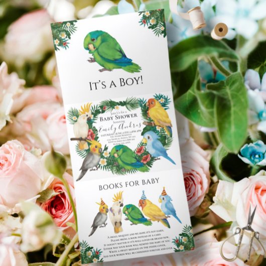 Greenery Tropical Parrots exotic Boy Baby shower Drieluik Aankondiging