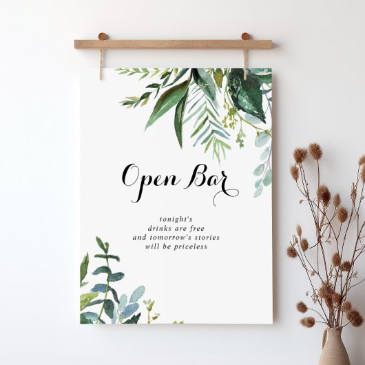 Greenery Tropical Wedding Open Bar Sign Poster