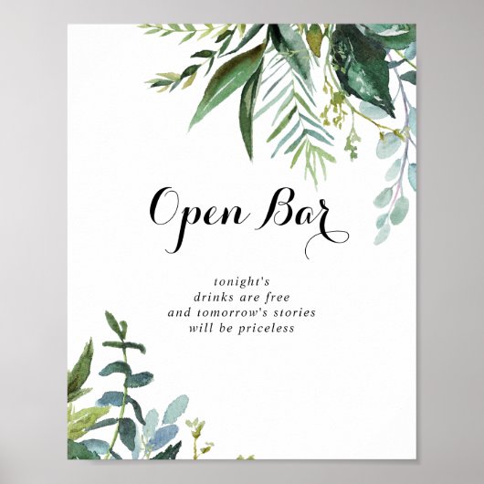 Greenery Tropical Wedding Open Bar Sign Poster (Voorkant)