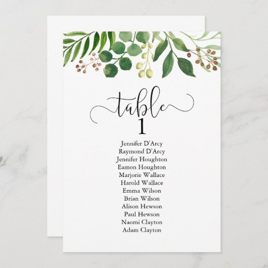 Greenery trouwtafel plan, moderne kalligrafie kaart (Voorkant / Achterkant)
