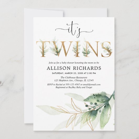 Greenery tweint baby shower uitnodiging, modern kaart (Voorkant)