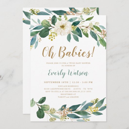 Greenery Twins Baby shower Invitation Kaart (Voorkant / Achterkant)