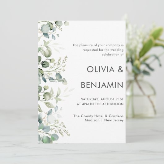 Greenery | Uitnodiging tot weduwschap met eucalypt (Staand voorkant)