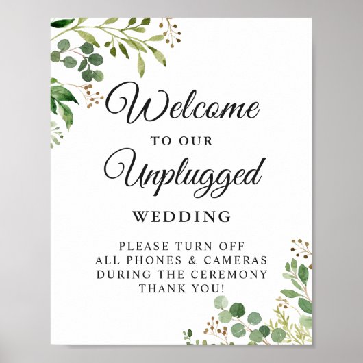Greenery Unplugged Wedding Ceremony Sign Poster (Voorkant)