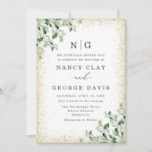 Greenery verlaat gouden glitter monogram bruiloft kaart (Voorkant)
