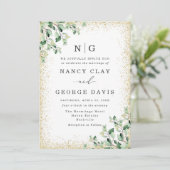 Greenery verlaat gouden glitter monogram bruiloft kaart (Staand voorkant)