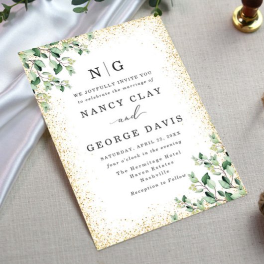 Greenery verlaat gouden glitter monogram bruiloft kaart