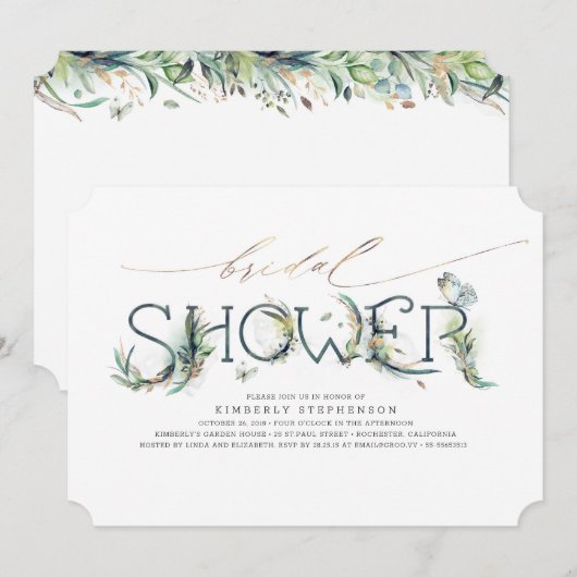 Greenery Vrijgezellenfeest Gold Calligraphy Invita Kaart (Voorkant / Achterkant)